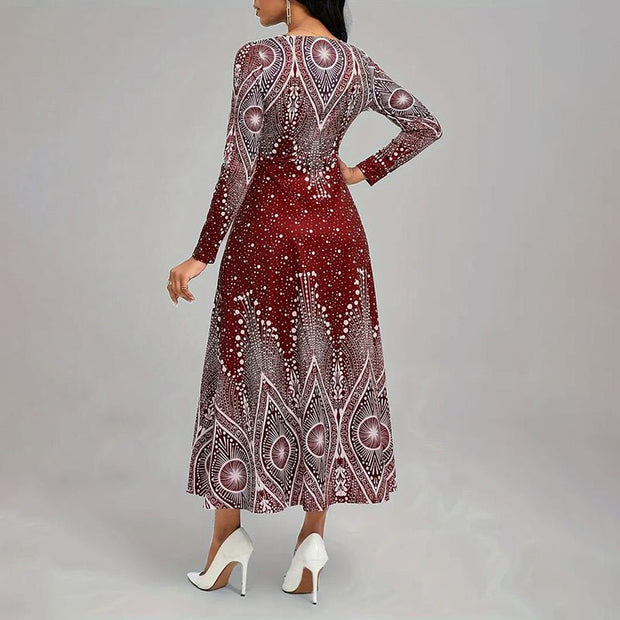 Women's Plus Size Elegant V - Neck Long Sleeve A - Line Dress With Starry Sky Print, Slim - Fit Flowy Maxi Dress For Holiday & Party Wear - Pretty women dresses