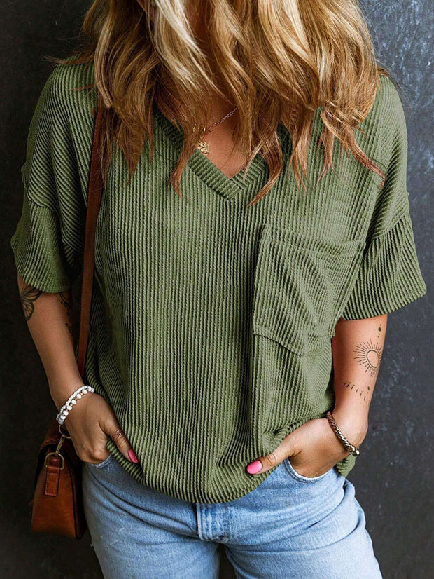 Fashionable Two-tone Pullover Short Sleeve V-neck Top For Women Fashionable Two-tone Pullover Short Sleeve V-neck Top For Women