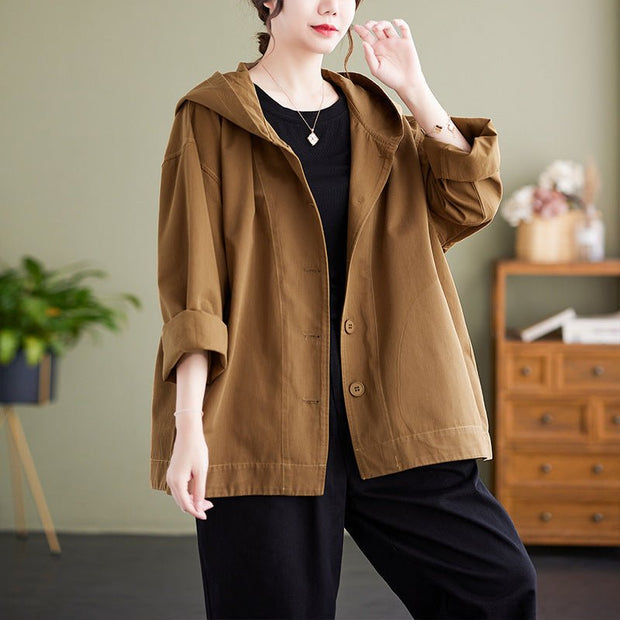 Hooded Loose Coat Women Retro Khaki Casual Cotton Artistic Stitching Women - Pretty women dresses