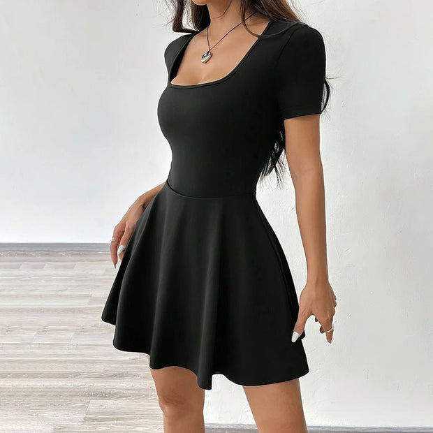 Women's Square Neck Short Sleeve Ruffle Hem A Line Flare Mini Basic Dress - Pretty women dresses