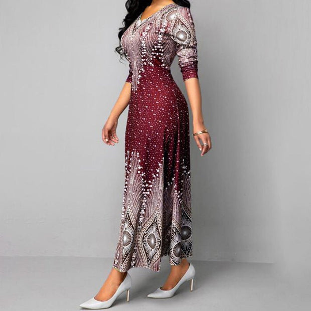 Women's Plus Size Elegant V - Neck Long Sleeve A - Line Dress With Starry Sky Print, Slim - Fit Flowy Maxi Dress For Holiday & Party Wear - Pretty women dresses