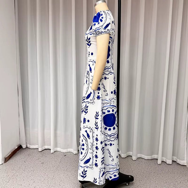 Ellafads™ Summer Glam Maxi Dress – Printed Deep V - Neck, Puff Sleeves, Waist - Slimming Fit for Beach to Party Chic - Pretty women dresses