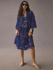 Seductive Elegance: Sexy Lace Hollow Out V - Neck Beach Dress - Pretty women dresses