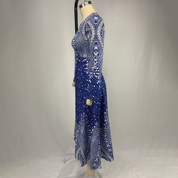 Women's Plus Size Elegant V - Neck Long Sleeve A - Line Dress With Starry Sky Print, Slim - Fit Flowy Maxi Dress For Holiday & Party Wear - Pretty women dresses