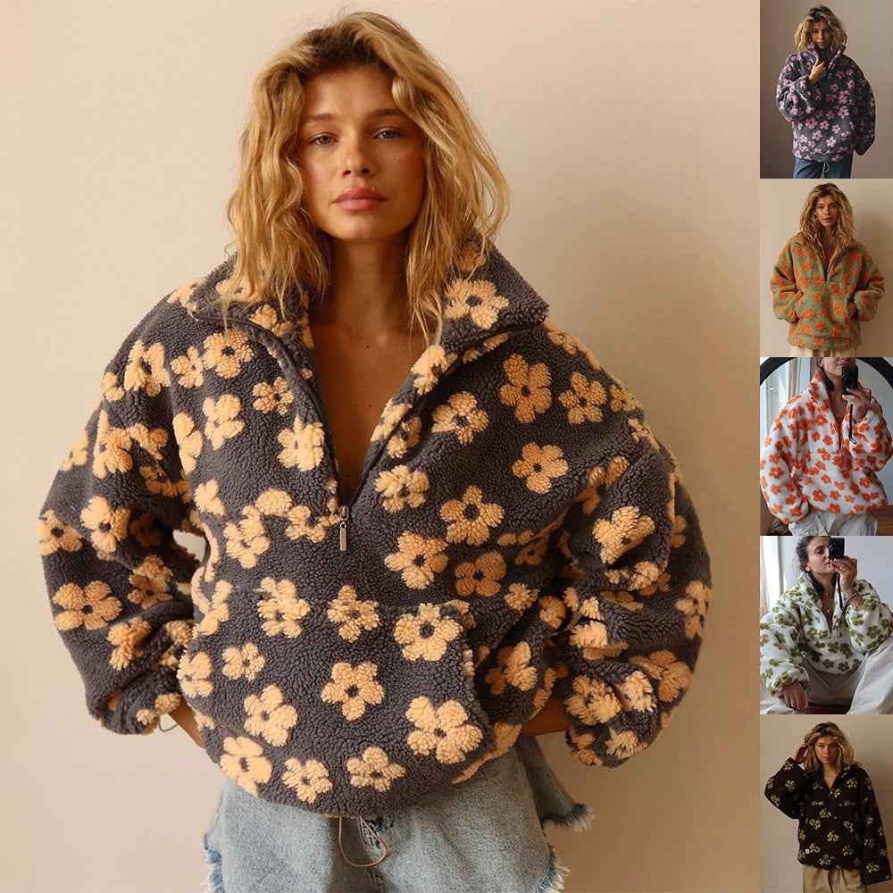 Women's Winter Floral Lambskin Sweatshirt - Zip-Up Pullover with Pocket
