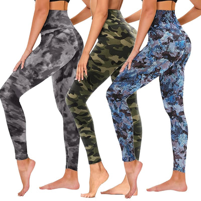 Cropped high-rise leggings 3 pieces in black, dark gray camo, and blue floral print for stylish workouts.