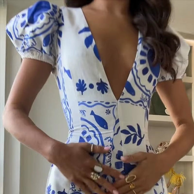 Ellafads™ Summer Glam Maxi Dress – Printed Deep V - Neck, Puff Sleeves, Waist - Slimming Fit for Beach to Party Chic - Pretty women dresses