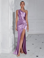 One - shoulder Pleated Slim Fit Slit Sexy Goddess Party Evening Dress - Pretty women dresses