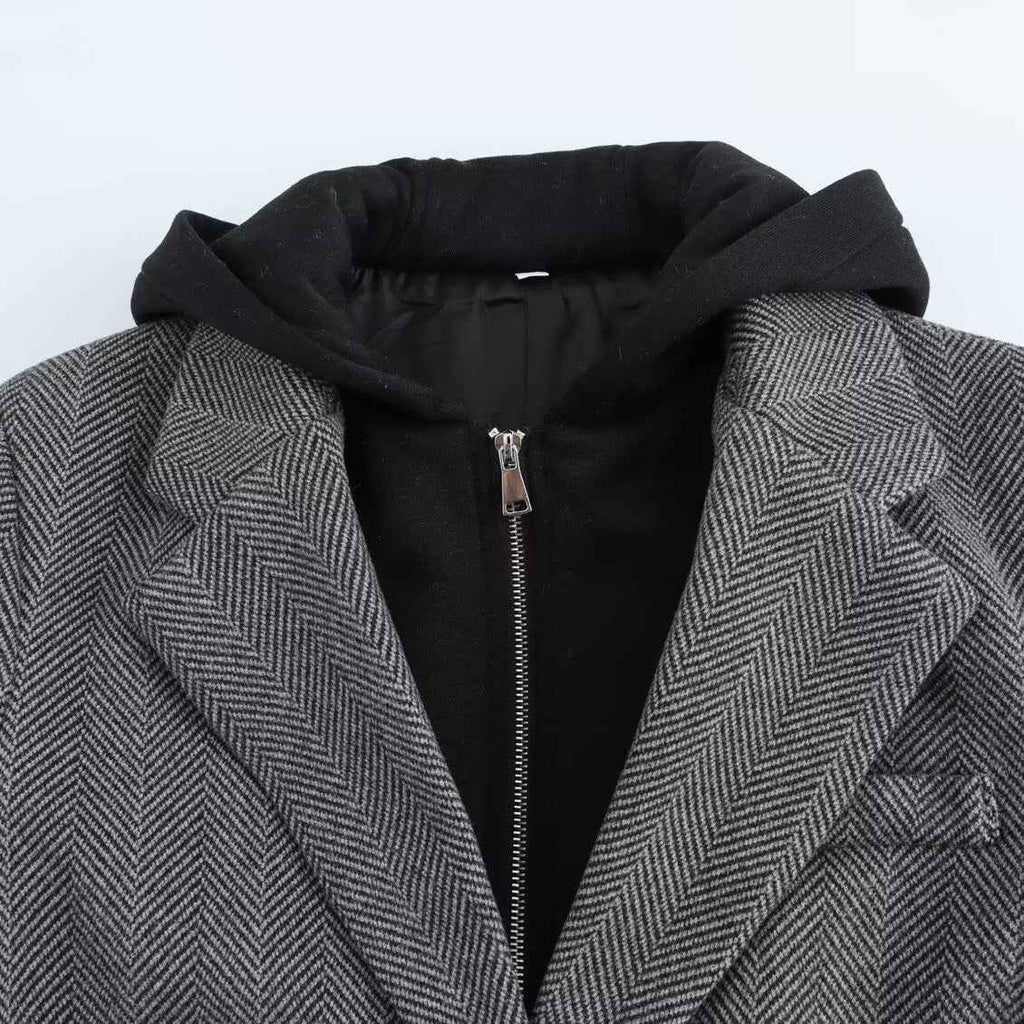 European and American Style Women's Hooded Patchwork Jacket with Herringbone Design