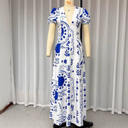 Ellafads™ Summer Glam Maxi Dress – Printed Deep V - Neck, Puff Sleeves, Waist - Slimming Fit for Beach to Party Chic - Pretty women dresses