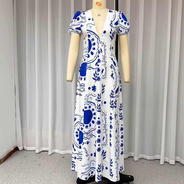 Ellafads™ Summer Glam Maxi Dress – Printed Deep V - Neck, Puff Sleeves, Waist - Slimming Fit for Beach to Party Chic - Pretty women dresses
