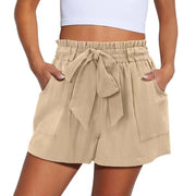Summer New Elastic Waist Drawstring Knotted Short Solid Color Casual Women