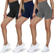 3 pairs of high waist leggings in black, navy, and dark gray, perfect for workouts and casual wear.