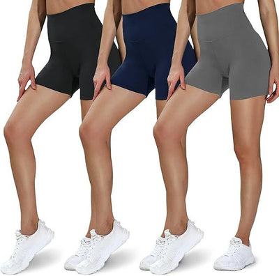 3 pairs of high waist leggings in black, navy, and dark gray, perfect for workouts and casual wear.