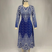 Women's Plus Size Elegant V - Neck Long Sleeve A - Line Dress With Starry Sky Print, Slim - Fit Flowy Maxi Dress For Holiday & Party Wear - Pretty women dresses