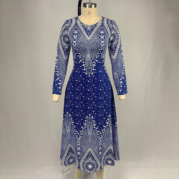 Women's Plus Size Elegant V - Neck Long Sleeve A - Line Dress With Starry Sky Print, Slim - Fit Flowy Maxi Dress For Holiday & Party Wear - Pretty women dresses