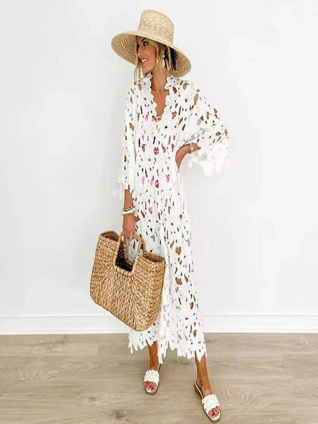 Seductive Elegance: Sexy Lace Hollow Out V - Neck Beach Dress - Pretty women dresses