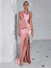 One - shoulder Pleated Slim Fit Slit Sexy Goddess Party Evening Dress - Pretty women dresses