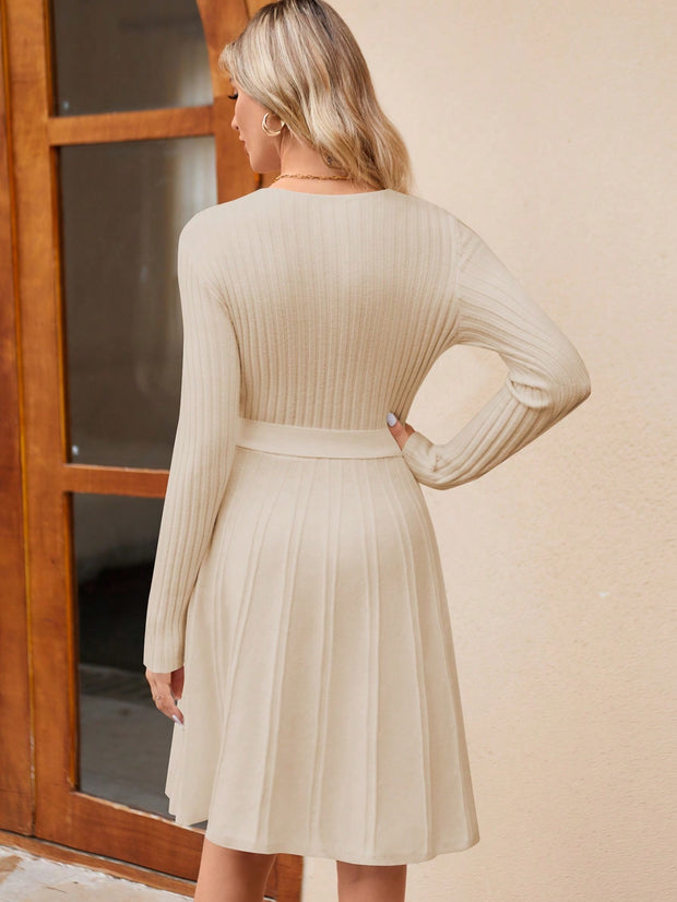 Women's Wrap A - Line Knit Dress Long Sleeve - Pretty women dresses