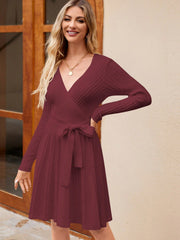 Women's Wrap A - Line Knit Dress Long Sleeve - Pretty women dresses