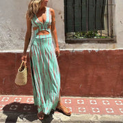 Elegant Sleeveless Split Long Dress for Women – High Waist, Hollow Out, Printed Party & Vacation Dress - Pretty women dresses