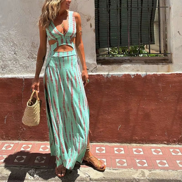 Elegant Sleeveless Split Long Dress for Women – High Waist, Hollow Out, Printed Party & Vacation Dress - Pretty women dresses