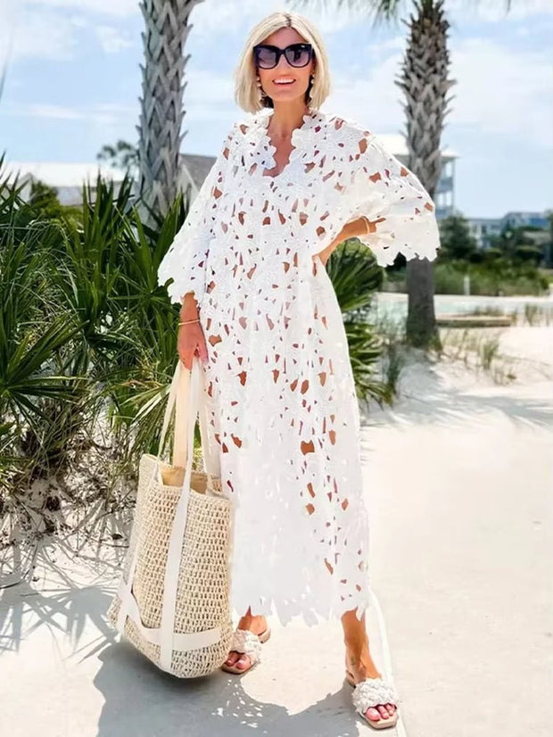 Seductive Elegance: Sexy Lace Hollow Out V - Neck Beach Dress - Pretty women dresses