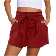 Summer New Elastic Waist Drawstring Knotted Short Solid Color Casual Women