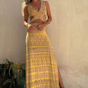 Elegant Sleeveless Split Long Dress for Women – High Waist, Hollow Out, Printed Party & Vacation Dress - Pretty women dresses