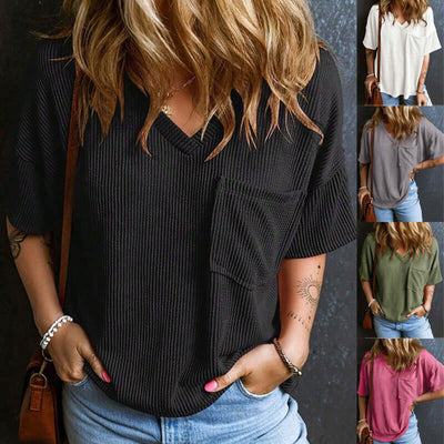 Fashionable Two-tone Pullover Short Sleeve V-neck Top For Women Fashionable Two-tone Pullover Short Sleeve V-neck Top For Women