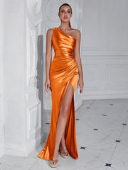 One - shoulder Pleated Slim Fit Slit Sexy Goddess Party Evening Dress - Pretty women dresses