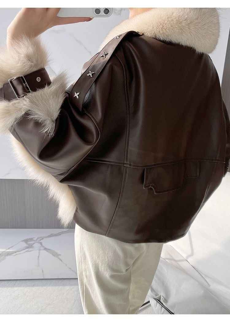 Sense Fox Fur Leather Coat with Elegant Stitching