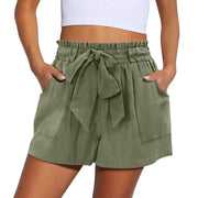 Summer New Elastic Waist Drawstring Knotted Short Solid Color Casual Women