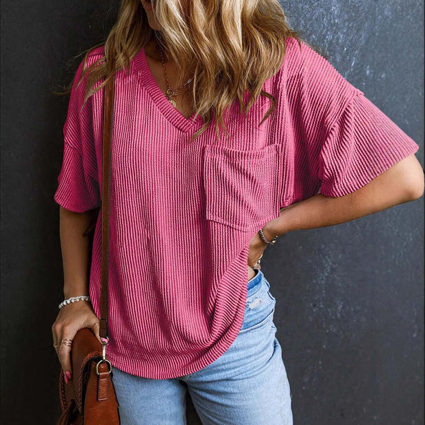Fashionable Two-tone Pullover Short Sleeve V-neck Top For Women Fashionable Two-tone Pullover Short Sleeve V-neck Top For Women