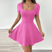 Women's Square Neck Short Sleeve Ruffle Hem A Line Flare Mini Basic Dress - Pretty women dresses