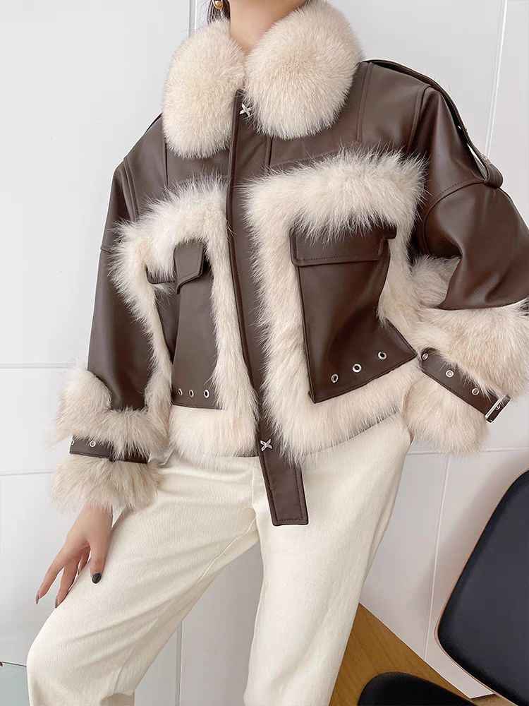 Sense Fox Fur Leather Coat with Elegant Stitching