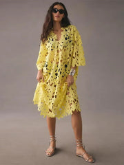Seductive Elegance: Sexy Lace Hollow Out V - Neck Beach Dress - Pretty women dresses