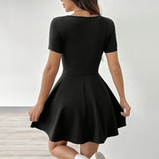 Women's Square Neck Short Sleeve Ruffle Hem A Line Flare Mini Basic Dress - Pretty women dresses