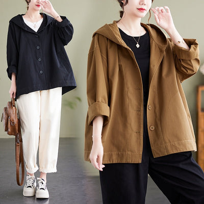 Hooded Loose Coat Women Retro Khaki Casual Cotton Artistic Stitching Women - Pretty women dresses
