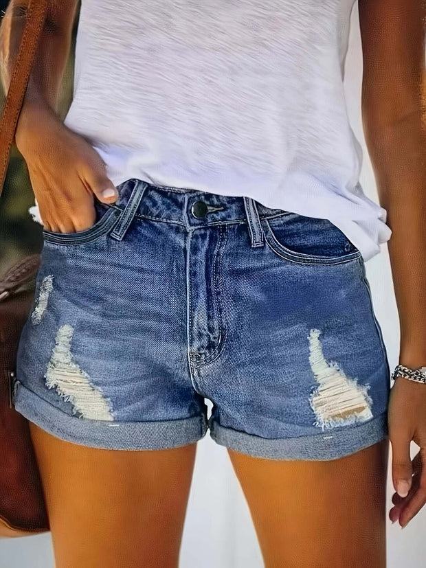 Womens Mid-High Rise Ripped Jean Shorts Distressed Stretchy Denim Shorts