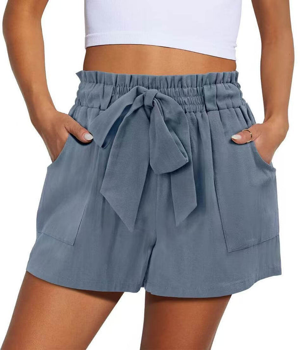 Summer New Elastic Waist Drawstring Knotted Short Solid Color Casual Women