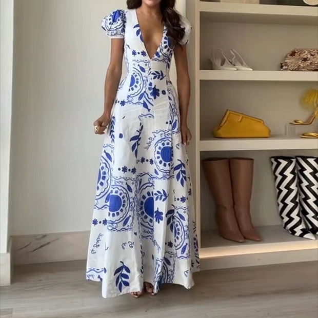 Ellafads™ Summer Glam Maxi Dress – Printed Deep V - Neck, Puff Sleeves, Waist - Slimming Fit for Beach to Party Chic - Pretty women dresses