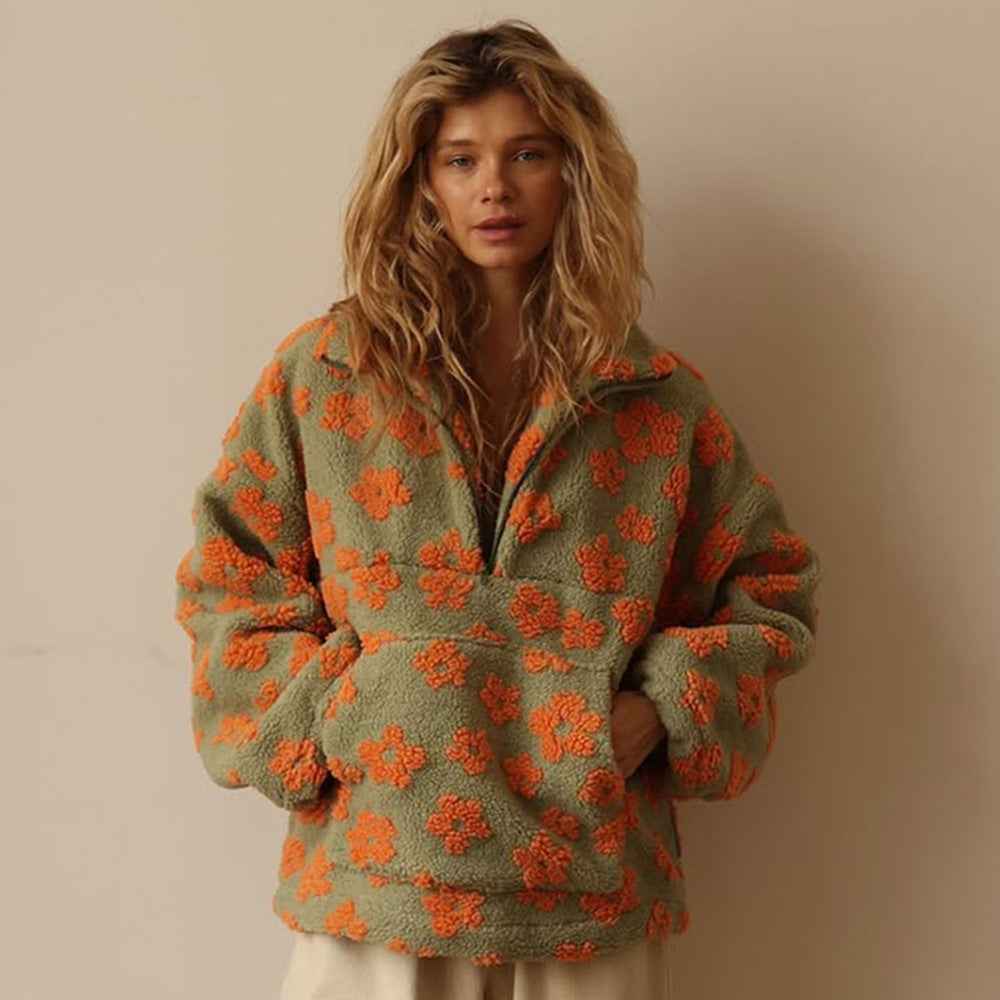 Women's Winter Floral Lambskin Sweatshirt - Zip-Up Pullover with Pocket