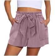 Summer New Elastic Waist Drawstring Knotted Short Solid Color Casual Women