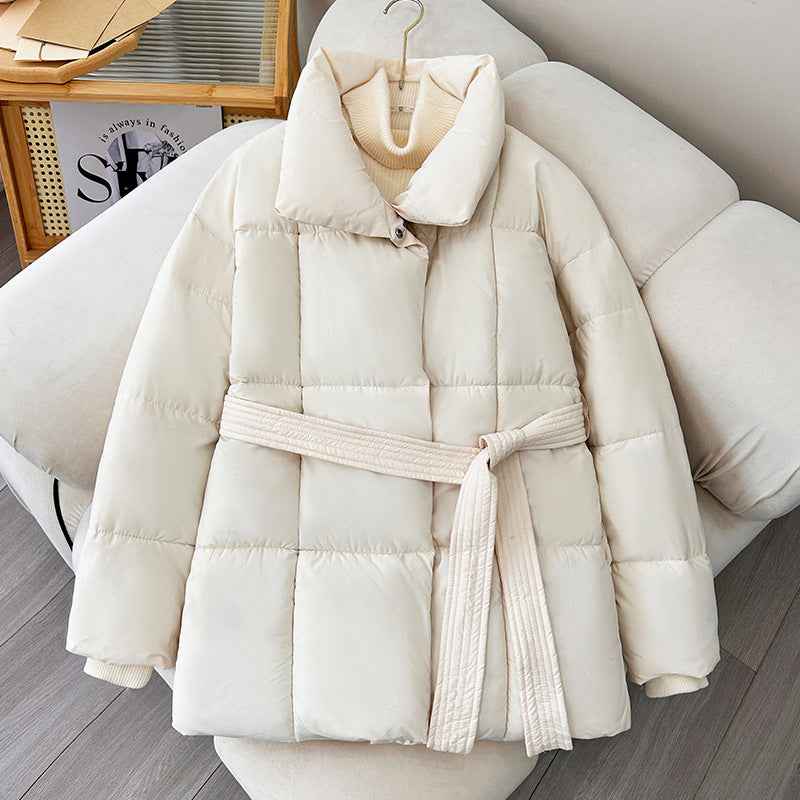 Winter Thick Stand Collar Women's Winter Puffer Jackets - Elegant Short Coats with Tie Waist for Ladies Streetwear