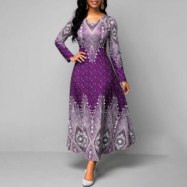 Women's Plus Size Elegant V - Neck Long Sleeve A - Line Dress With Starry Sky Print, Slim - Fit Flowy Maxi Dress For Holiday & Party Wear - Pretty women dresses