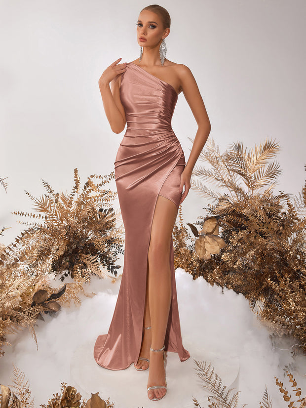 One - shoulder Pleated Slim Fit Slit Sexy Goddess Party Evening Dress - Pretty women dresses