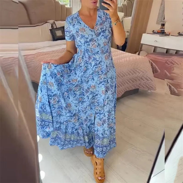 Floral Allure: Elegant Women’s Flower Print Deep V - Neck Dress - Pretty women dresses