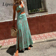 Elegant Sleeveless Split Long Dress for Women – High Waist, Hollow Out, Printed Party & Vacation Dress - Pretty women dresses