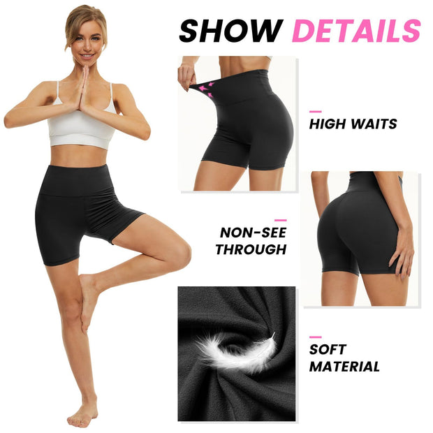Model showcasing high-waist black leggings, featuring non-see-through fabric and soft material for comfort and style.